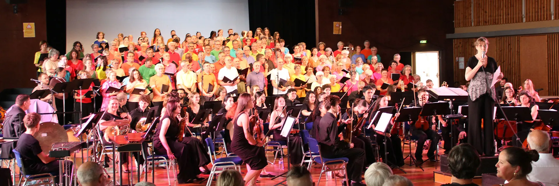 Vue panoramique de la chorale Coup de Chœur et de l’ensemble instrumental réunis pour Dogora — concert Dogora du 30 mai 2026 à Contrexéville