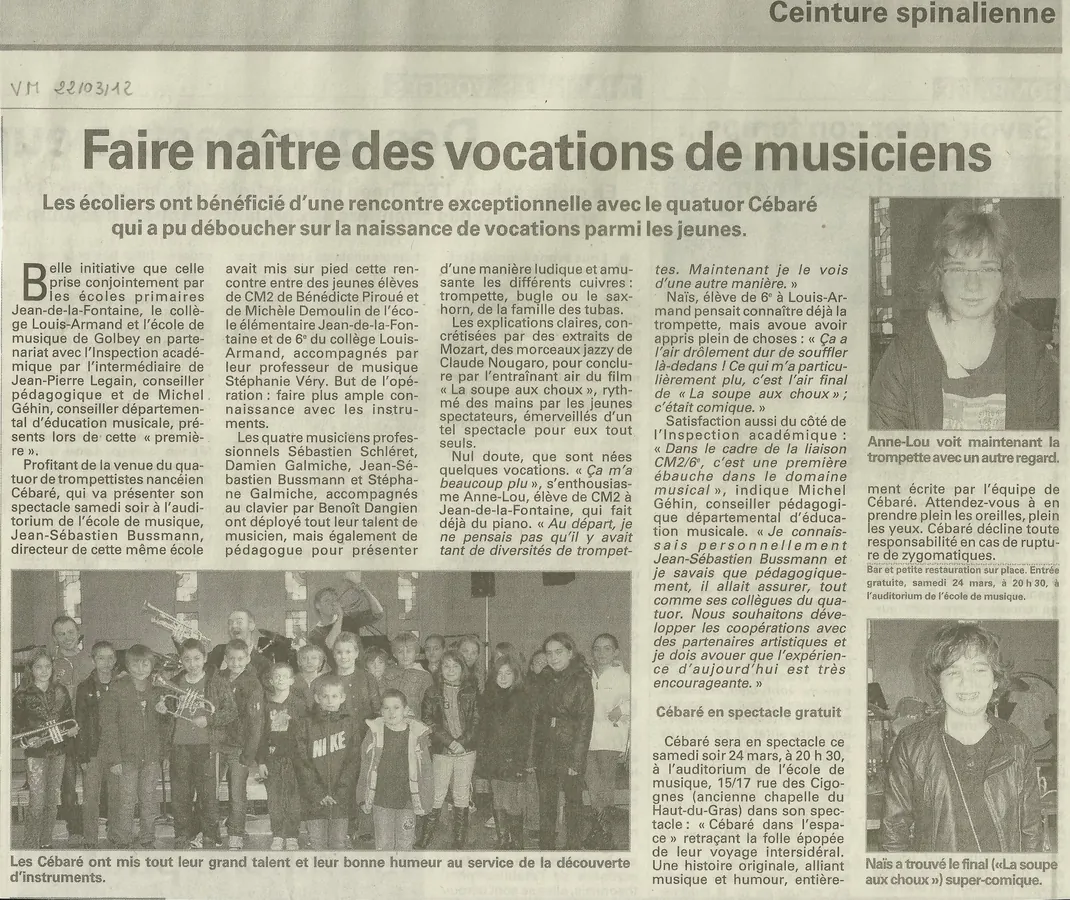 Coupure de presse Vosges Matin du 22 mars 2012 sur les vocations de musiciens à l’École de musique de Golbey
