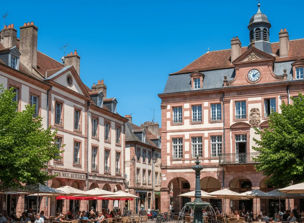 Place des Vosges à Épinal avec façades historiques et terrasses