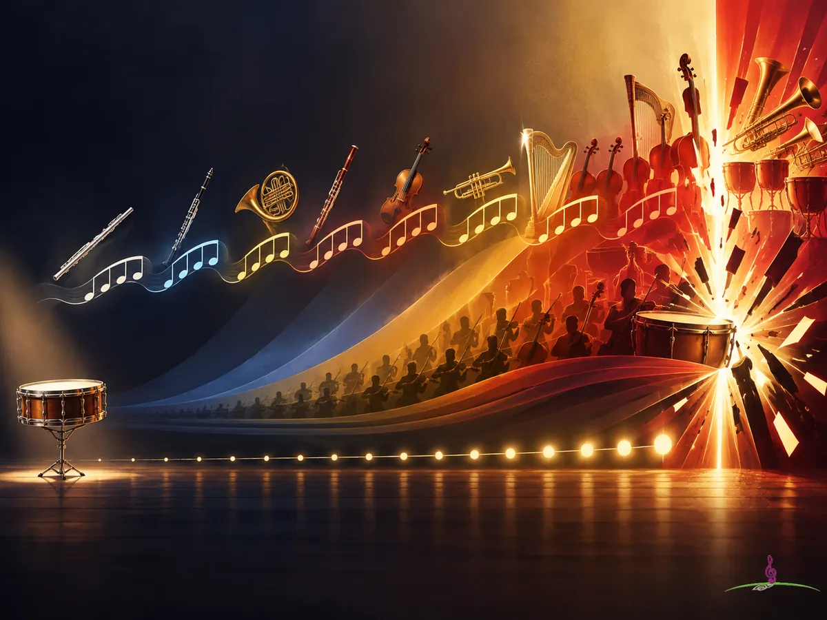 Une progression d’instruments et de couleurs montre le Boléro passant d’une petite impulsion répétée à une puissante masse orchestrale.