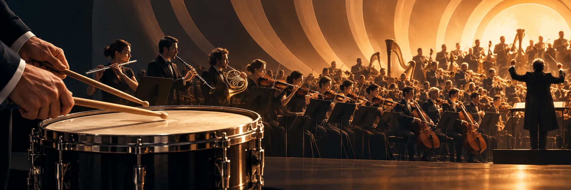 Une caisse claire au premier plan devant un orchestre qui s’étoffe progressivement, évoquant le crescendo du Boléro de Ravel.