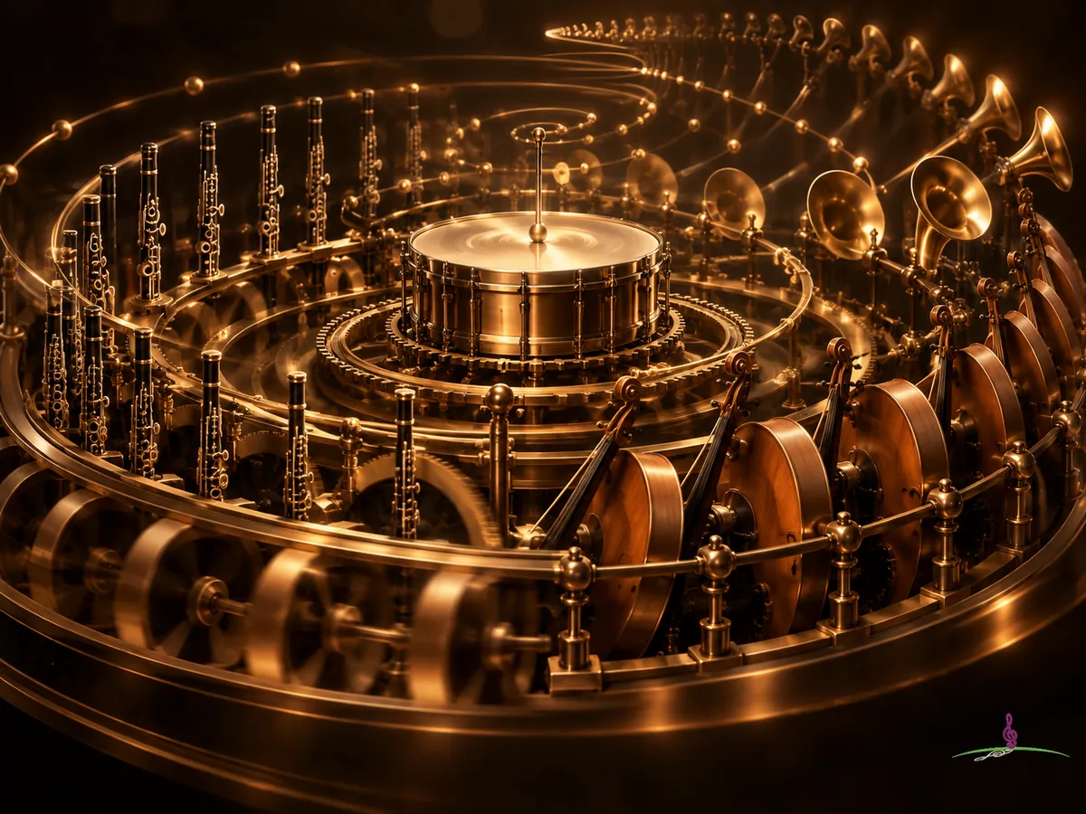 Des instruments d’orchestre intégrés à un mécanisme de rouages évoquent la répétition mécanique du Boléro.