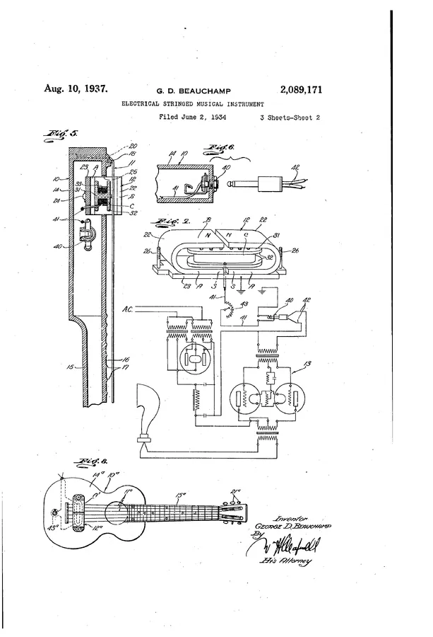Dessin technique du brevet de guitare électrique déposé par George Beauchamp
