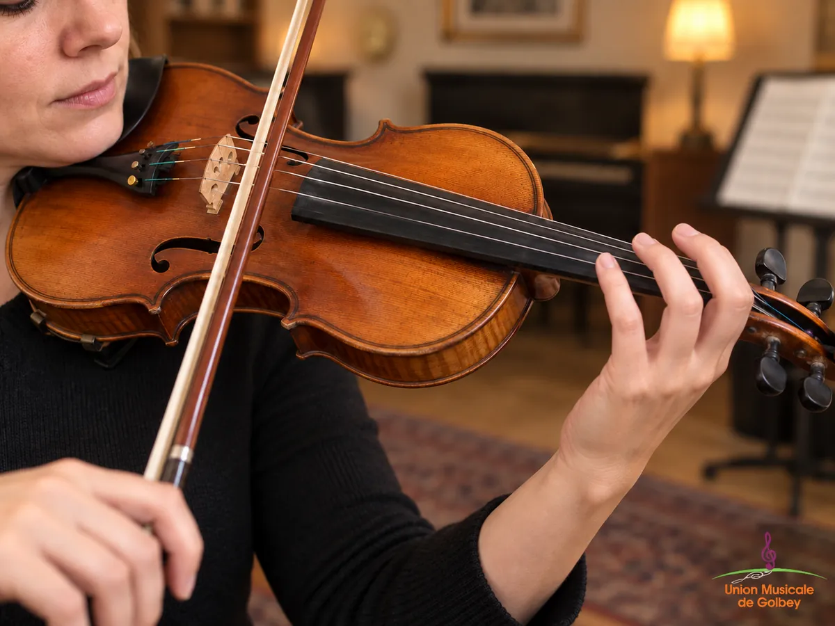 Gros plan sur les cordes et la touche d’un violon joué sans doigt posé