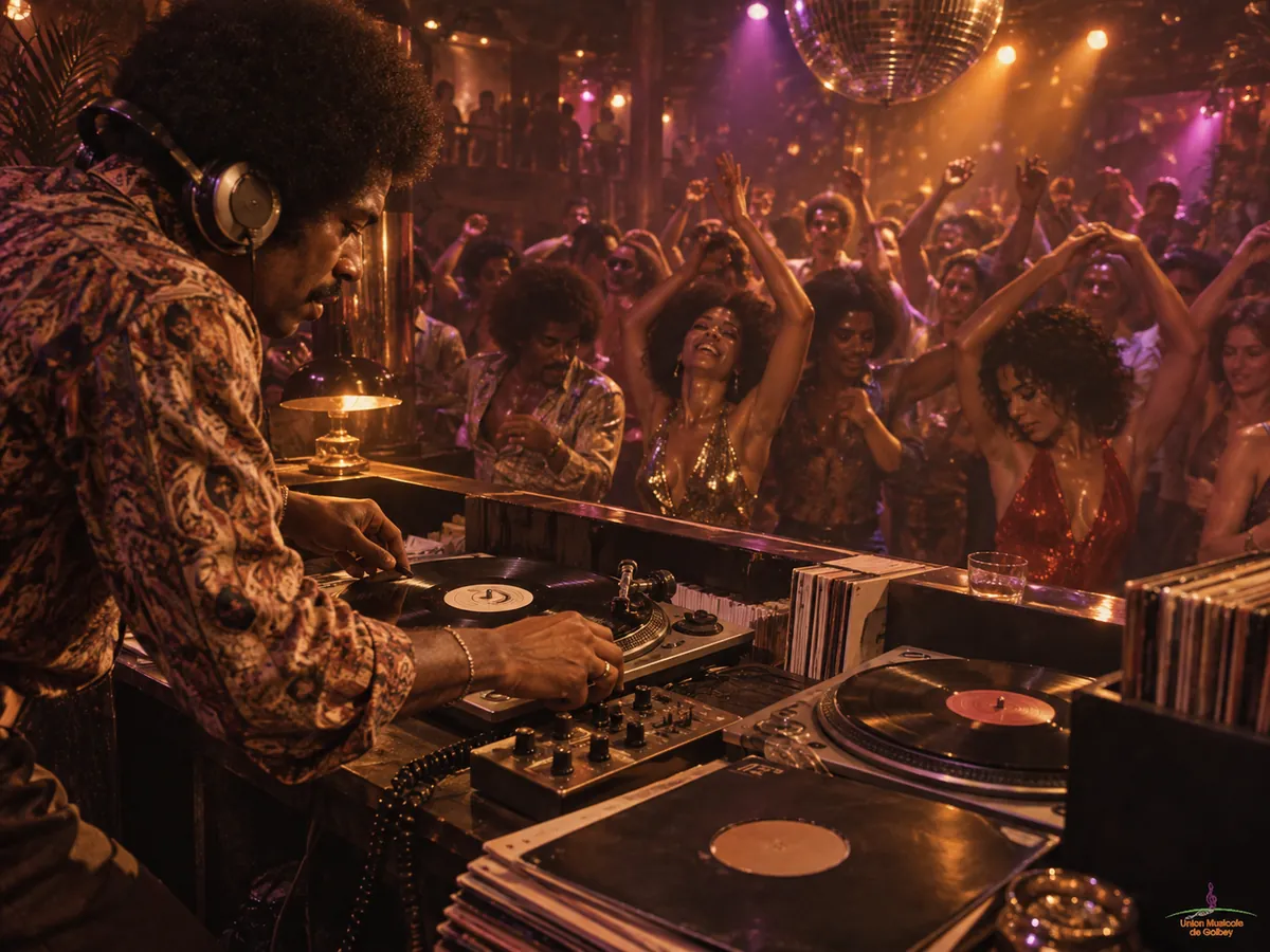 DJ manipulant deux platines et des vinyles devant une piste de danse dans un club des années 1970
