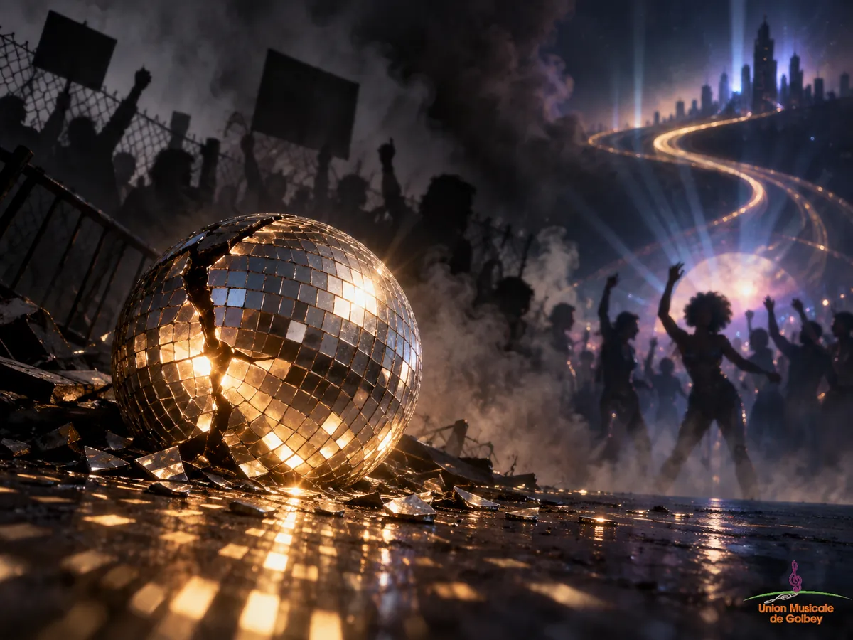 Boule à facettes fissurée encore lumineuse au milieu d’une atmosphère sombre évoquant la survie du disco après 1979