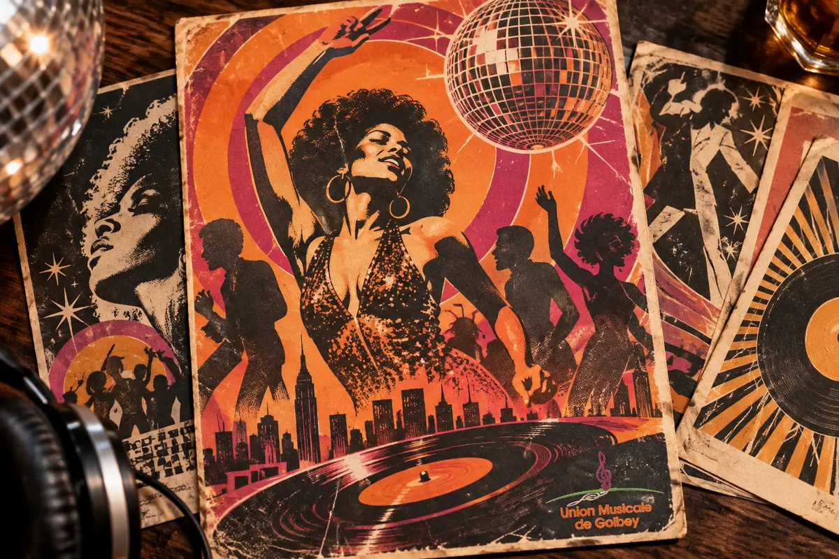 Illustration inspirée des flyers de clubs disco new-yorkais du début des années 1970