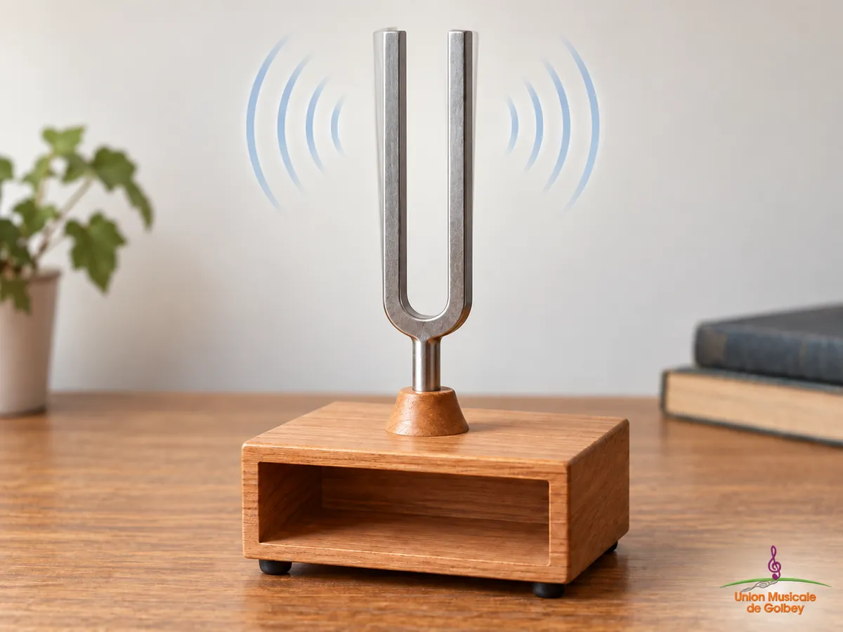 Diapason métallique en vibration au-dessus d’une caisse en bois