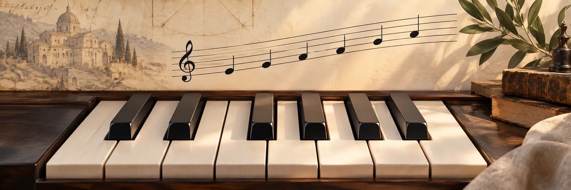 Clavier de piano sous une portée ascendante, avec un décor évoquant l’histoire médiévale de la notation musicale.