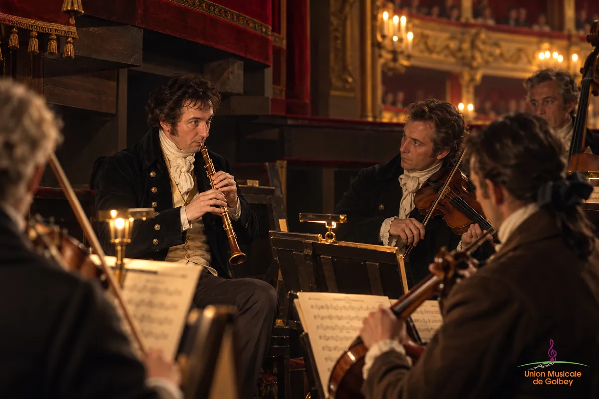 Évocation d’un hautboïste de l’Opéra de Paris donnant la note d’accord au premier violon vers 1802, avec un hautbois historique à faible clétage.