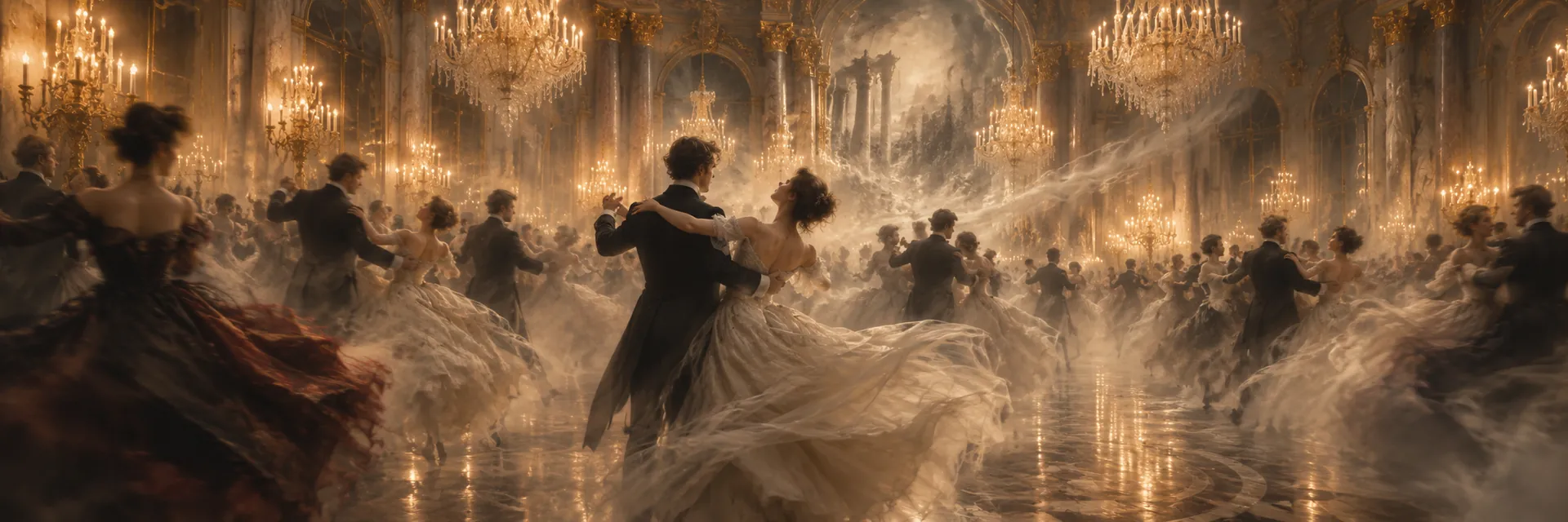 Couples dansant une valse dans un vaste palais illuminé de lustres, au milieu d’une atmosphère tourbillonnante et spectrale évoquant La Valse de Maurice Ravel.