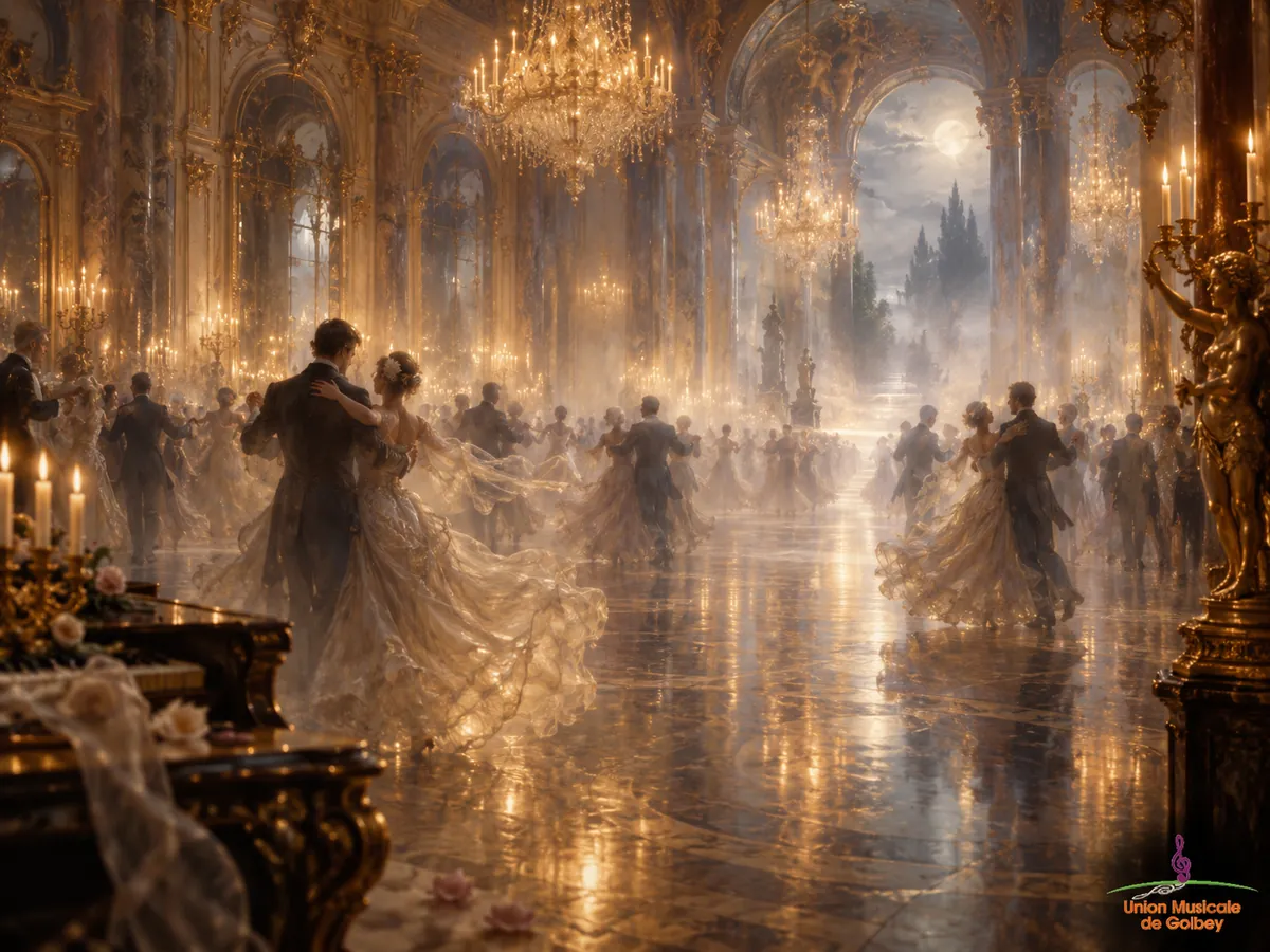 Couples continuant à valser dans une immense salle dorée et brumeuse, dans une atmosphère à la fois somptueuse, irréelle et mystérieuse.