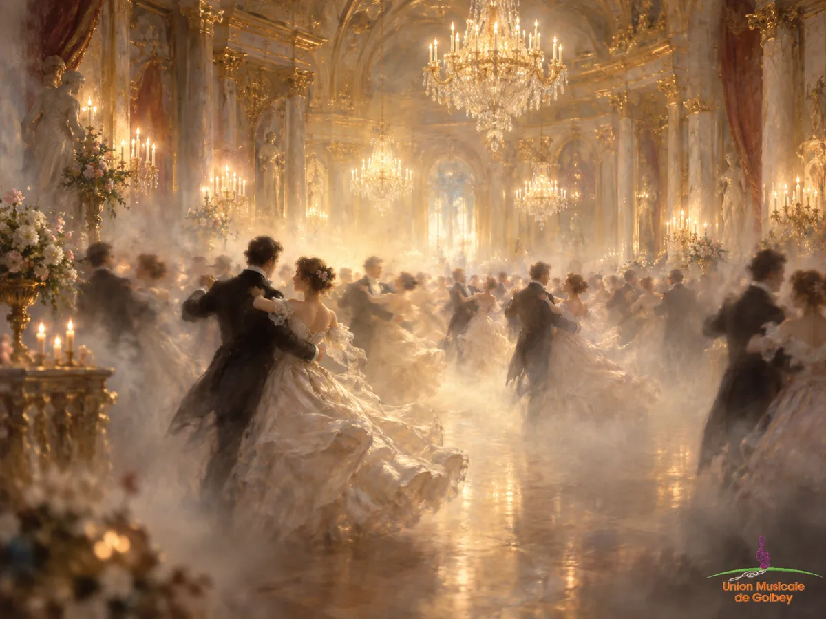 Couples de valseurs apparaissant progressivement dans la brume d’une grande salle de bal impériale éclairée par des lustres.