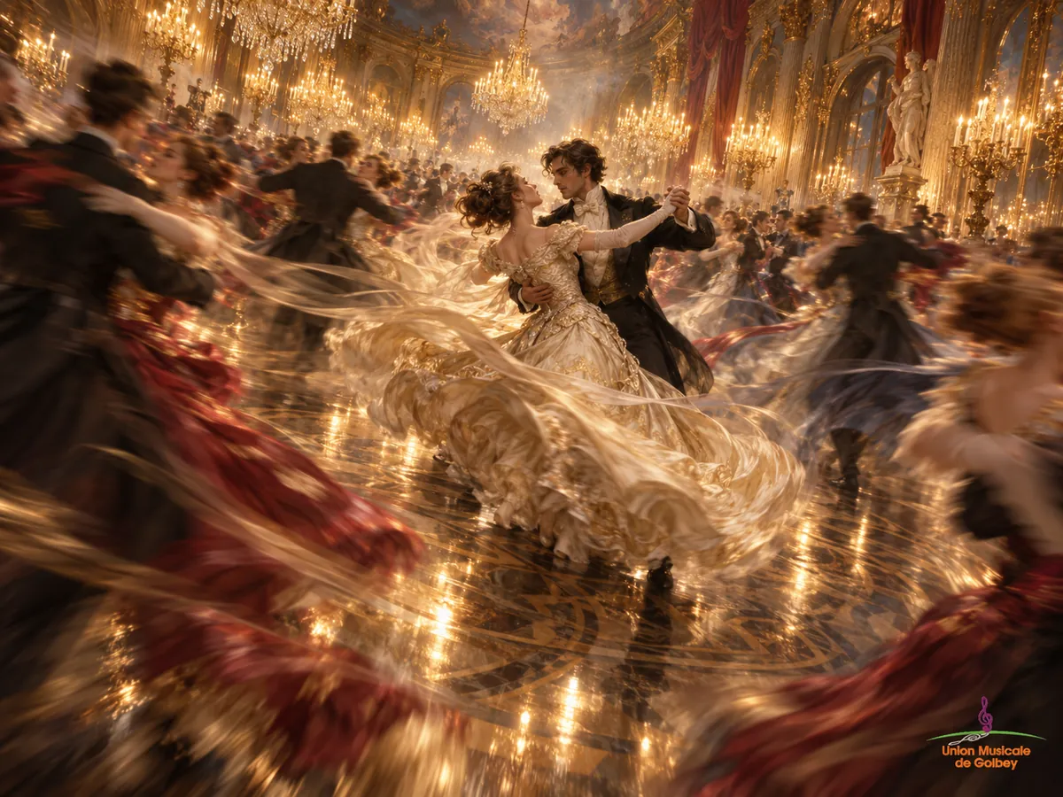 Couples de danseurs emportés dans une valse de plus en plus rapide au milieu d’un palais illuminé, avec une forte sensation de mouvement et de vertige.