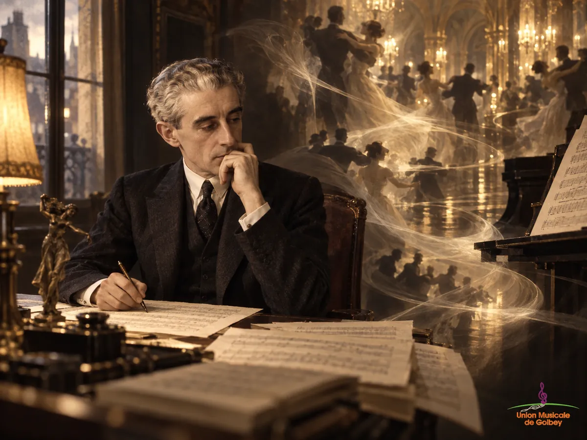 Évocation artistique de Maurice Ravel devant ses partitions tandis qu’une salle de bal et des danseurs semblent apparaître derrière lui.