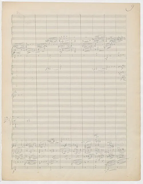Page du manuscrit autographe de La Valse de Maurice Ravel, écrite au crayon avec annotations, ratures et corrections.