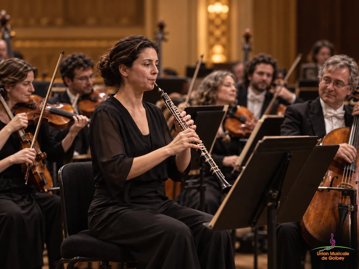 Hautboïste donnant la note pendant que les cordes d’un orchestre s’accordent
