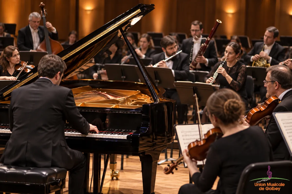 Un orchestre s’accorde autour d’un piano à queue avant un concerto.