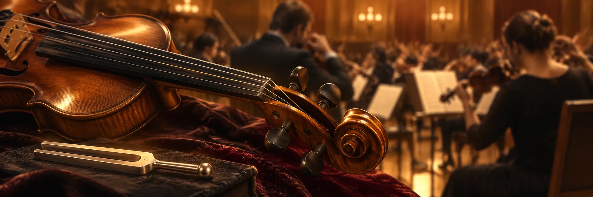 Un violon et un diapason au premier plan devant un orchestre en train de s’accorder