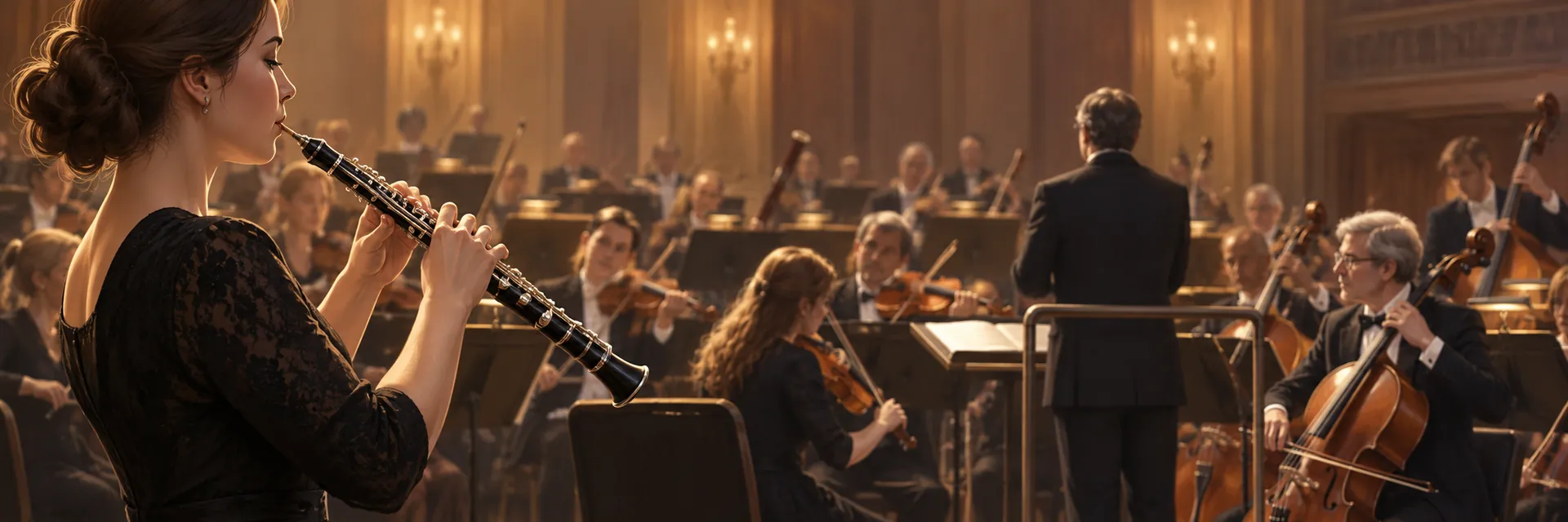 Une hautboïste donne la note d’accord devant un orchestre symphonique en salle de concert, juste avant le début de la représentation.