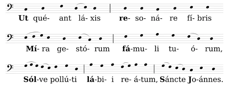 Transcription moderne de Ut queant laxis montrant les six départs associés aux syllabes ut ré mi fa sol la.