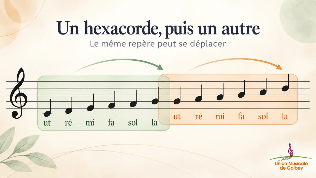 Schéma montrant deux hexacordes successifs avec les syllabes ut, ré, mi, fa, sol, la pour expliquer le déplacement des repères dans la mélodie.