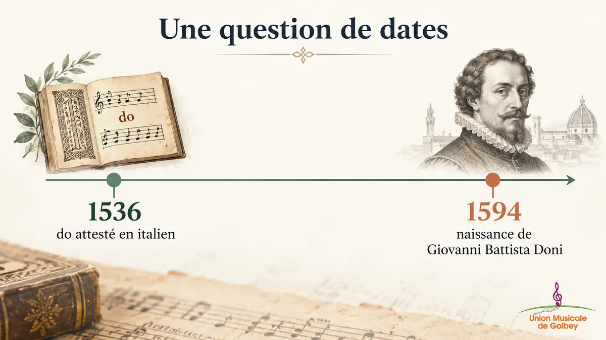 Frise chronologique montrant que le mot do est attesté en 1536, avant la naissance de Giovanni Battista Doni en 1594.
