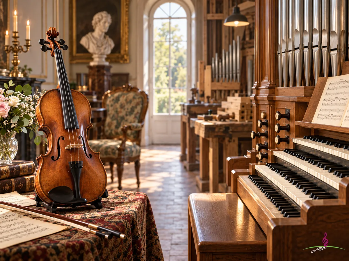 Un violon et un orgue représentés face à face comme deux traditions d’accordage