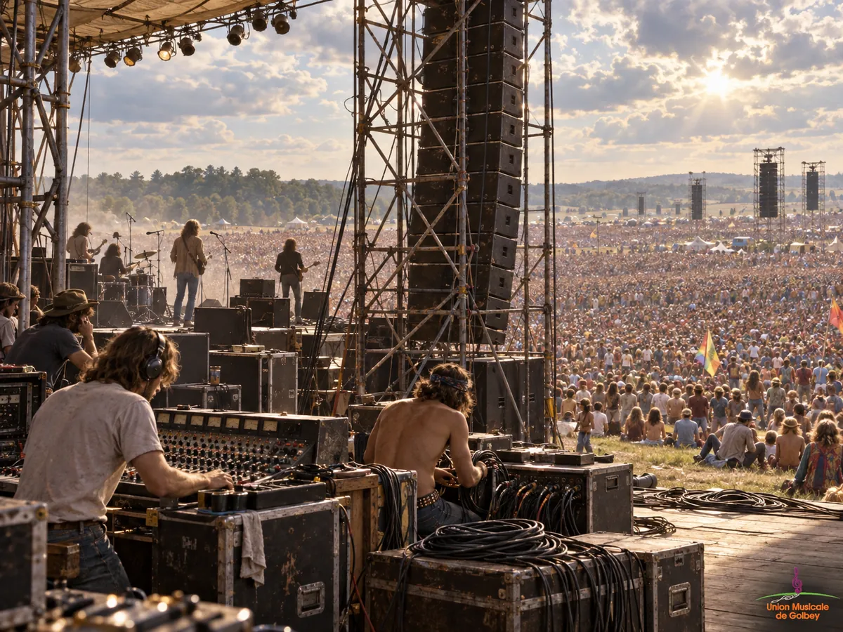 Vue depuis les coulisses d’un grand festival en plein air avec une immense foule et du matériel de sonorisation