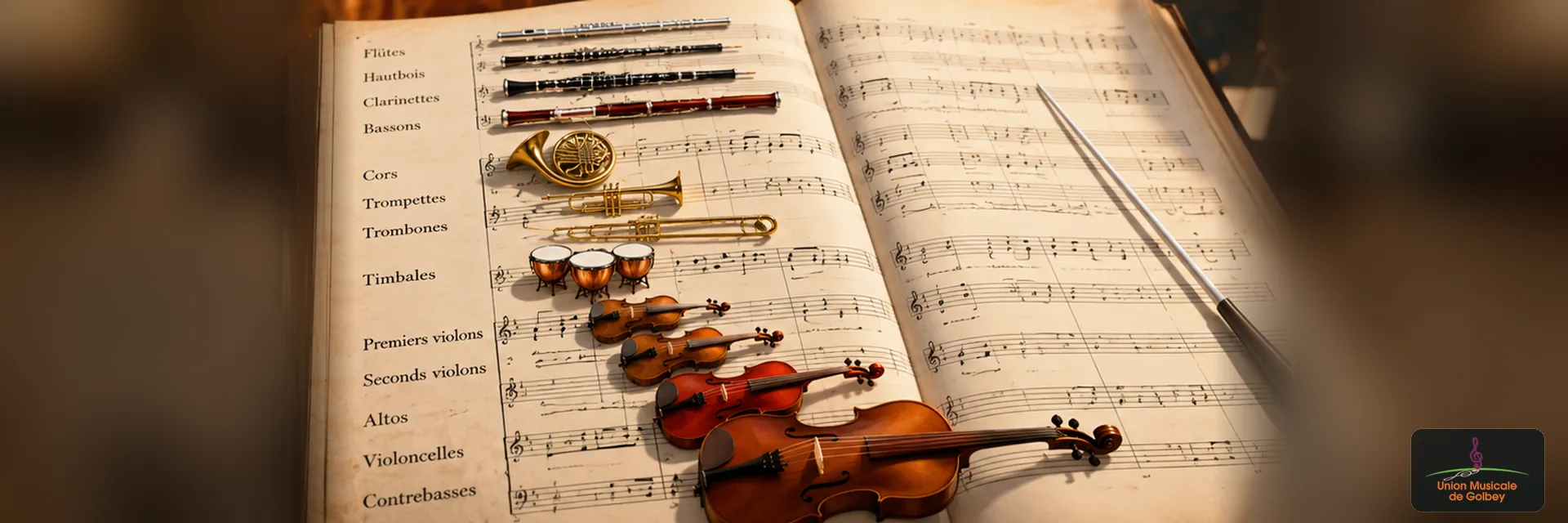 Illustration artistique d'une partition symphonique ouverte, entourée de différentes familles d'instruments d'orchestre.