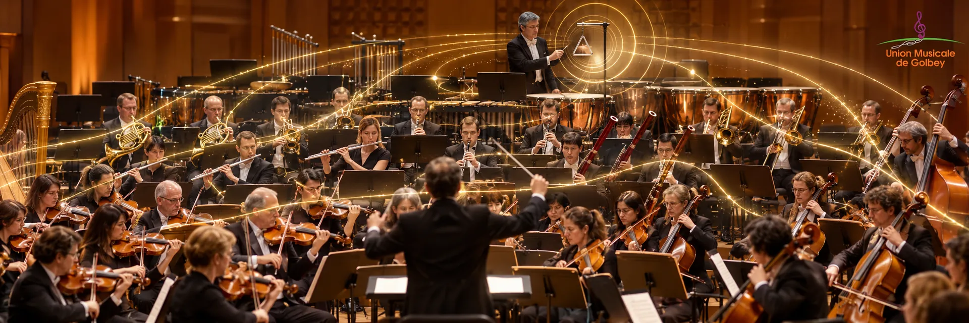 Orchestre symphonique en concert avec un triangle mis en valeur dans le pupitre de percussion
