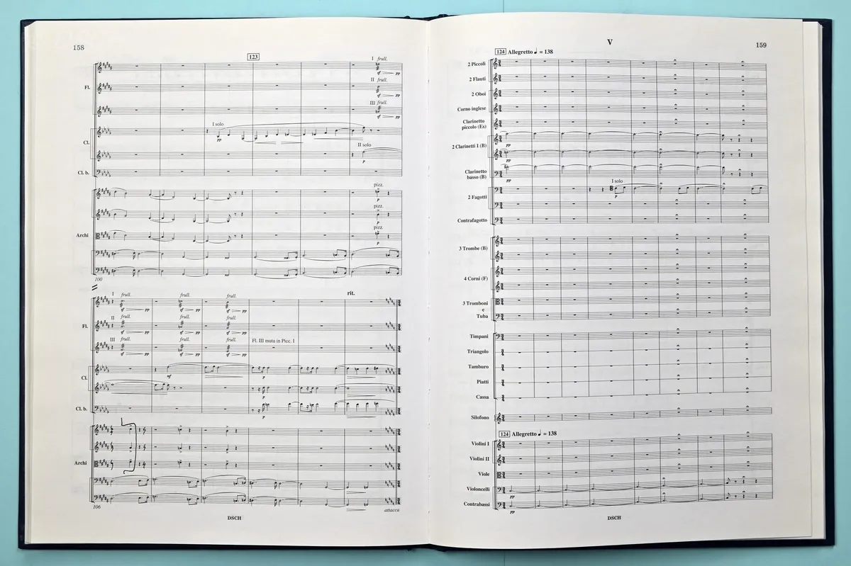 Partition complète ouverte sur le pupitre d'un chef d'orchestre.