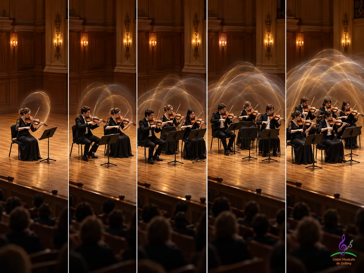 Progression visuelle d’un violoniste seul vers un petit ensemble de violonistes dans une même salle de concert