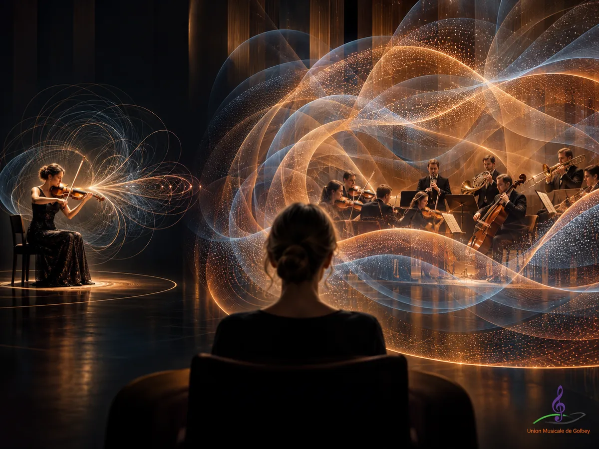Un auditeur face à un violon seul et à un ensemble orchestral, avec des ondes sonores illustrant la différence entre un son concentré et un son plus enveloppant