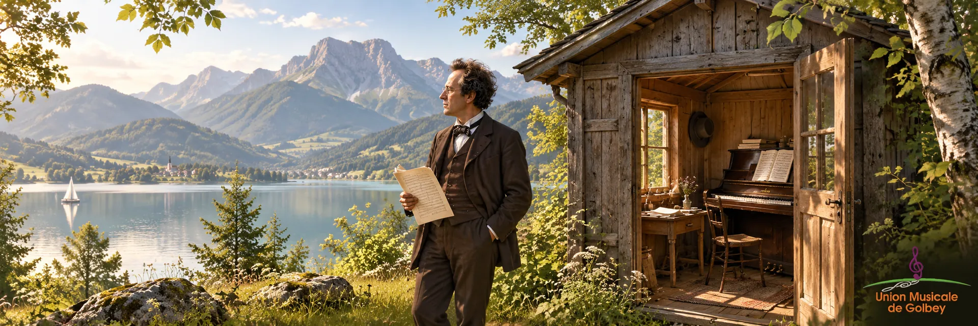 Illustration évoquant Gustav Mahler près d'une petite cabane de composition, avec un piano à l'intérieur, devant un lac et les montagnes autrichiennes.