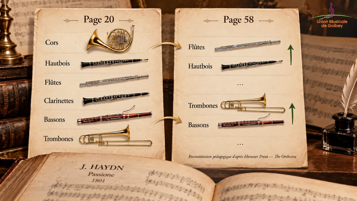 Comparaison des classements des instruments décrits par Prout aux pages 20 et 58 d'une partition de Haydn publiée en 1801