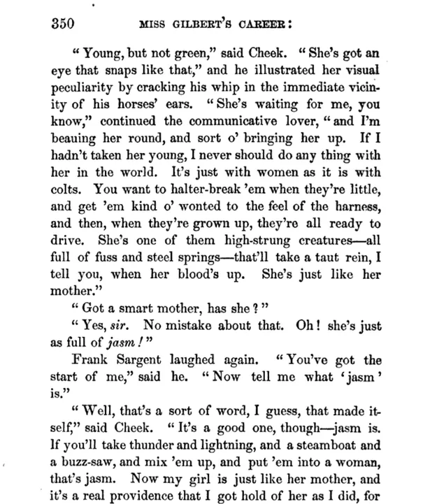 Page d'un roman américain de 1860 contenant le mot jasm, terme ancien associé à l'énergie et à la vitalité.