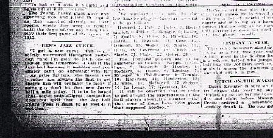Extrait du Los Angeles Times du 2 avril 1912 portant le titre Ben's Jazz Curve.