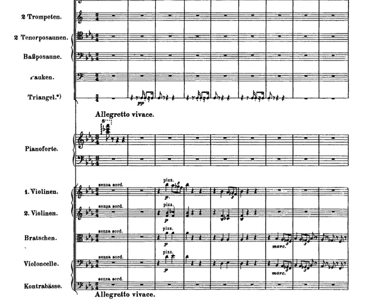Extrait de la partition du Premier Concerto pour piano de Liszt montrant la partie de triangle