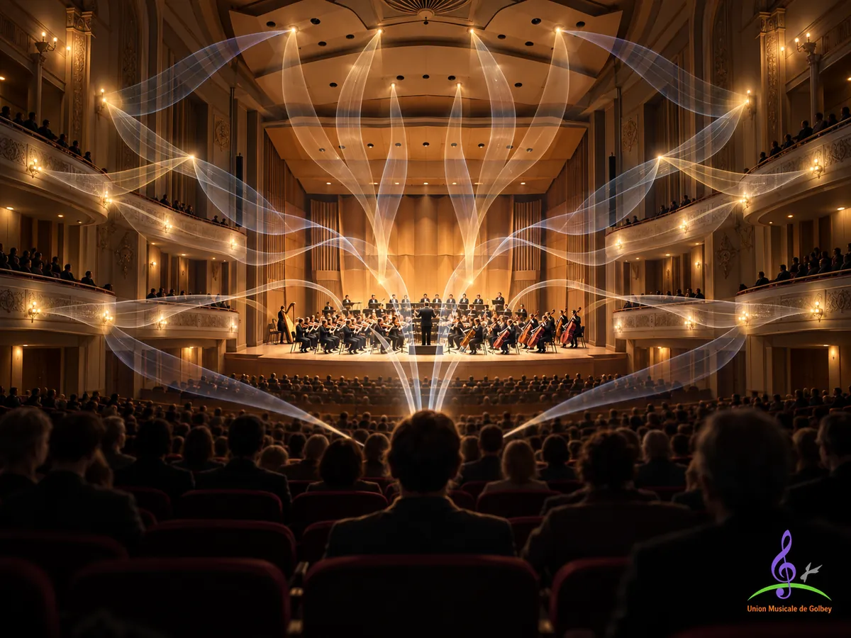 Salle de concert avec orchestre et ondes sonores visibles se réfléchissant sur l’architecture avant de revenir vers le public
