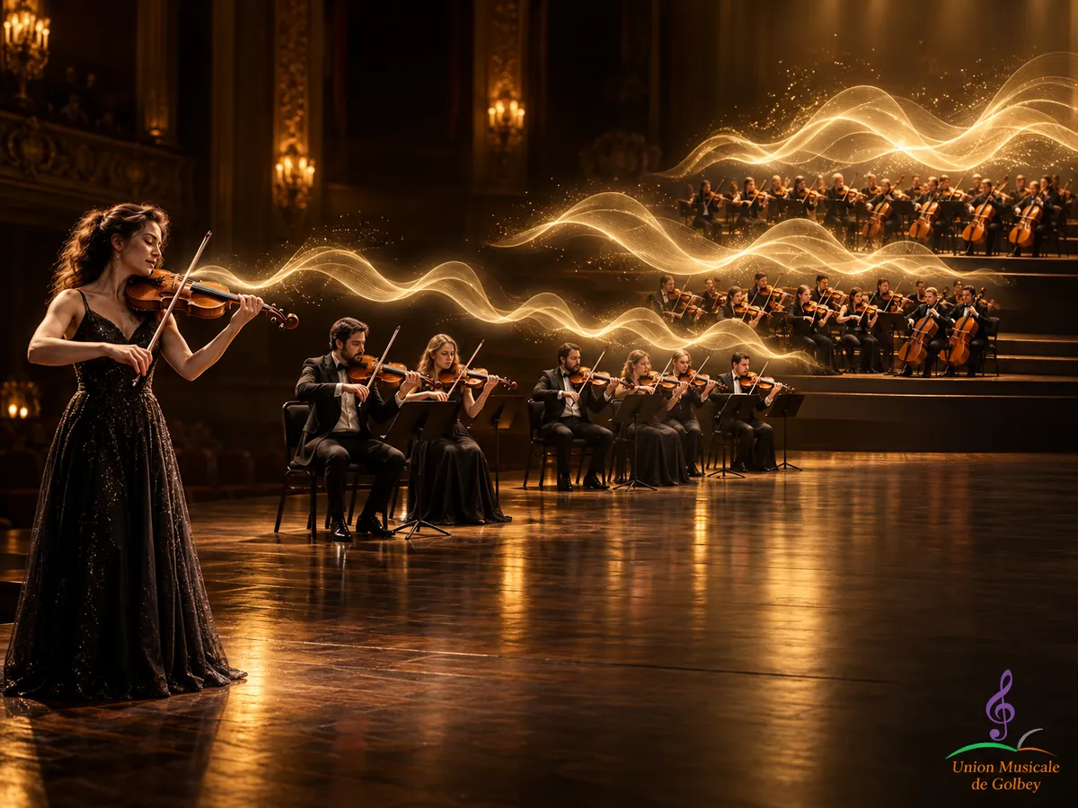 Un violoniste seul puis plusieurs groupes de musiciens montrant une augmentation sonore progressive moins spectaculaire que le nombre de musiciens