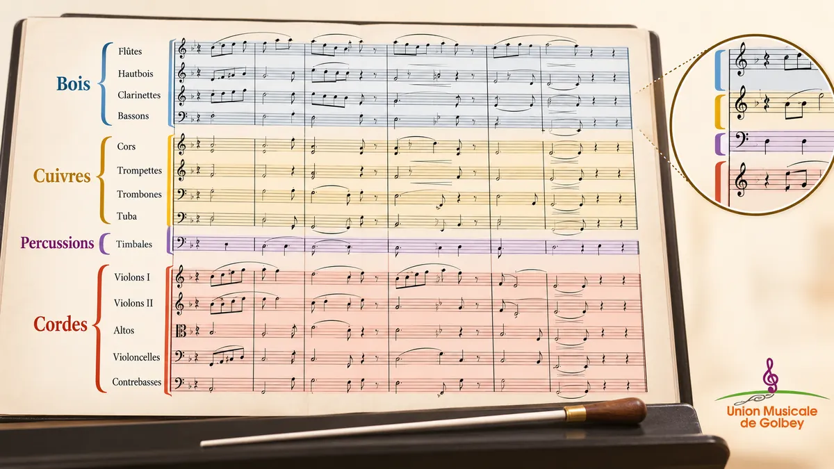 Grande partition symphonique montrant de nombreuses portées musicales superposées.