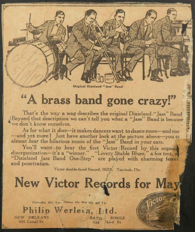Publicité de 1917 annonçant un disque de l'Original Dixieland Jass Band, avec l'orthographe jass.