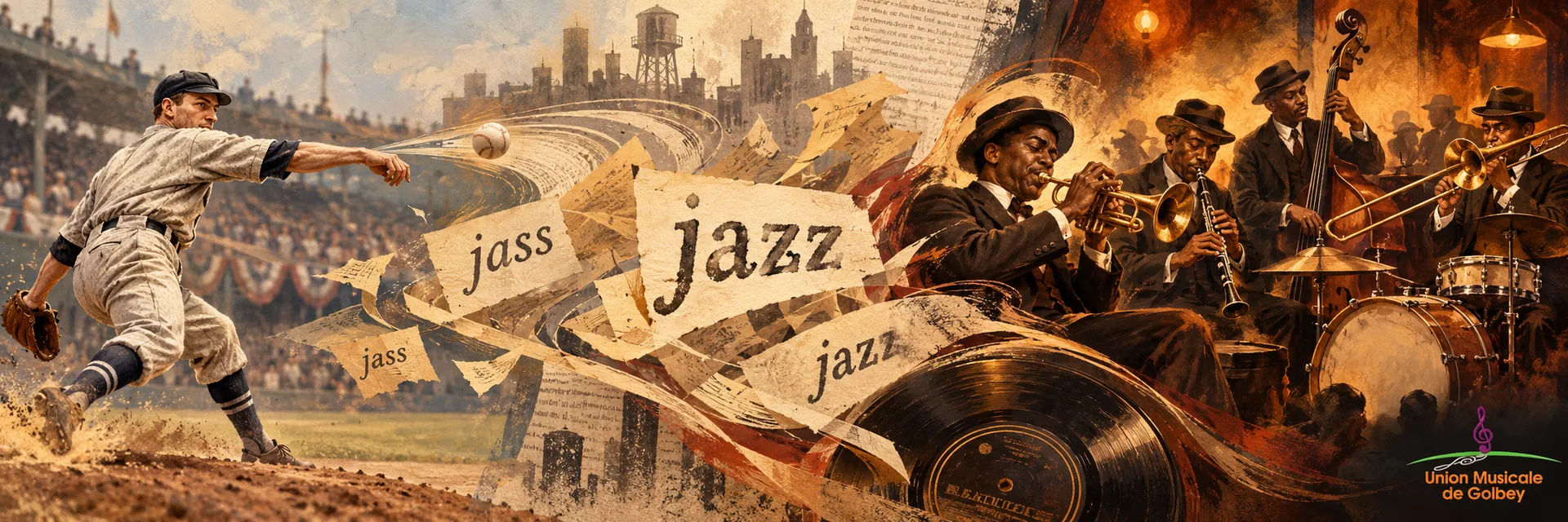 Illustration reliant un lanceur de baseball américain à un orchestre de jazz, avec les anciennes graphies jazz et jass