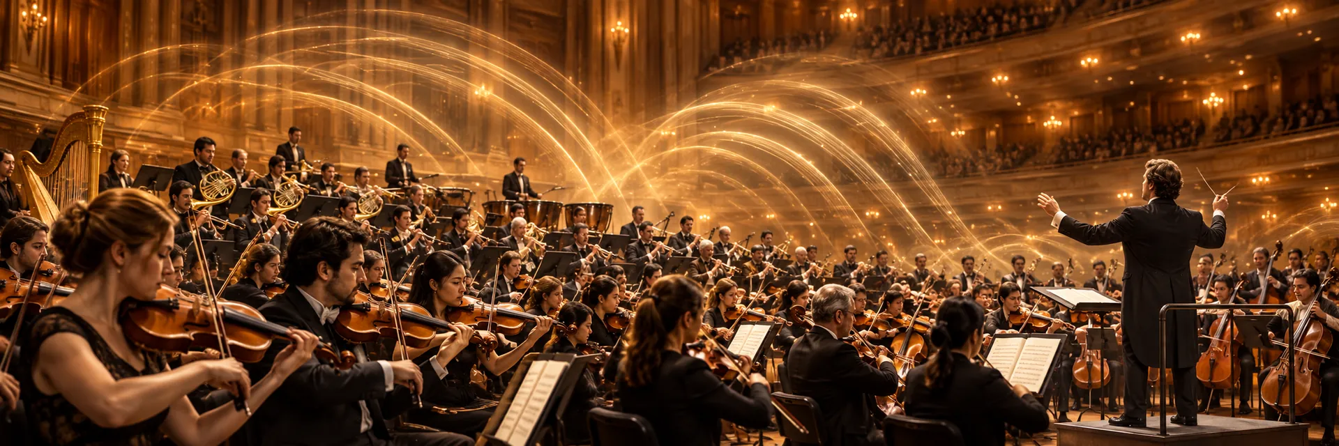 Orchestre symphonique en concert avec des ondes lumineuses illustrant la puissance collective du son