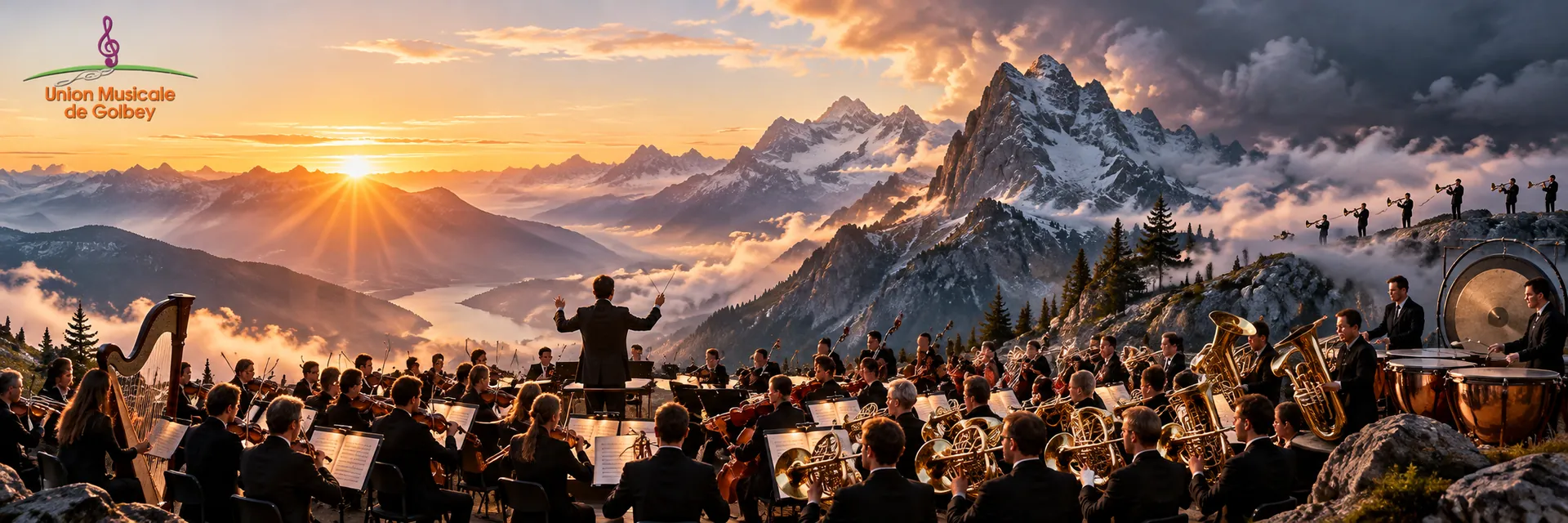 Illustration symbolique d'un orchestre symphonique monumental dirigé devant un panorama des Alpes au lever du soleil, sous un ciel partiellement orageux.