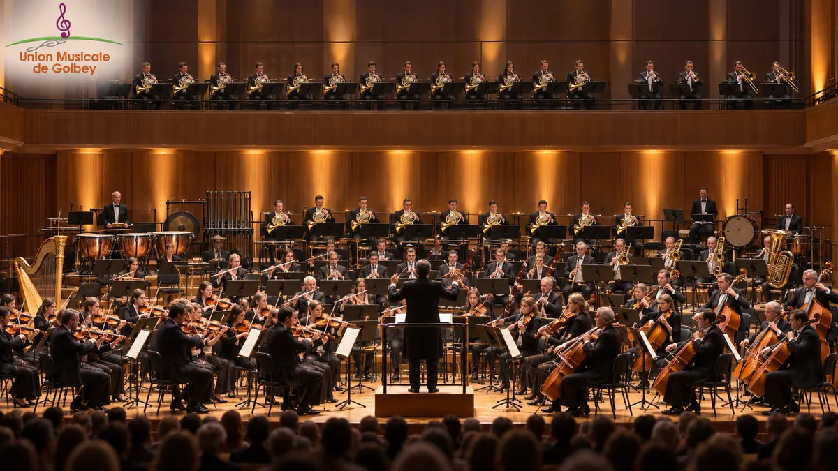 Schéma montrant l'orchestre principal d'Une symphonie alpestre et le groupe supplémentaire de cuivres placé derrière la scène.