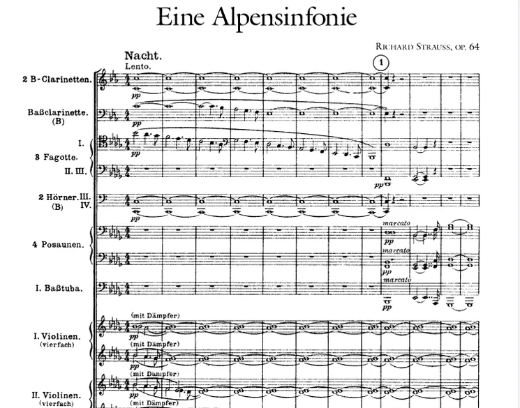Page de l'édition originale de 1915 de la partition orchestrale d'Une symphonie alpestre de Richard Strauss.