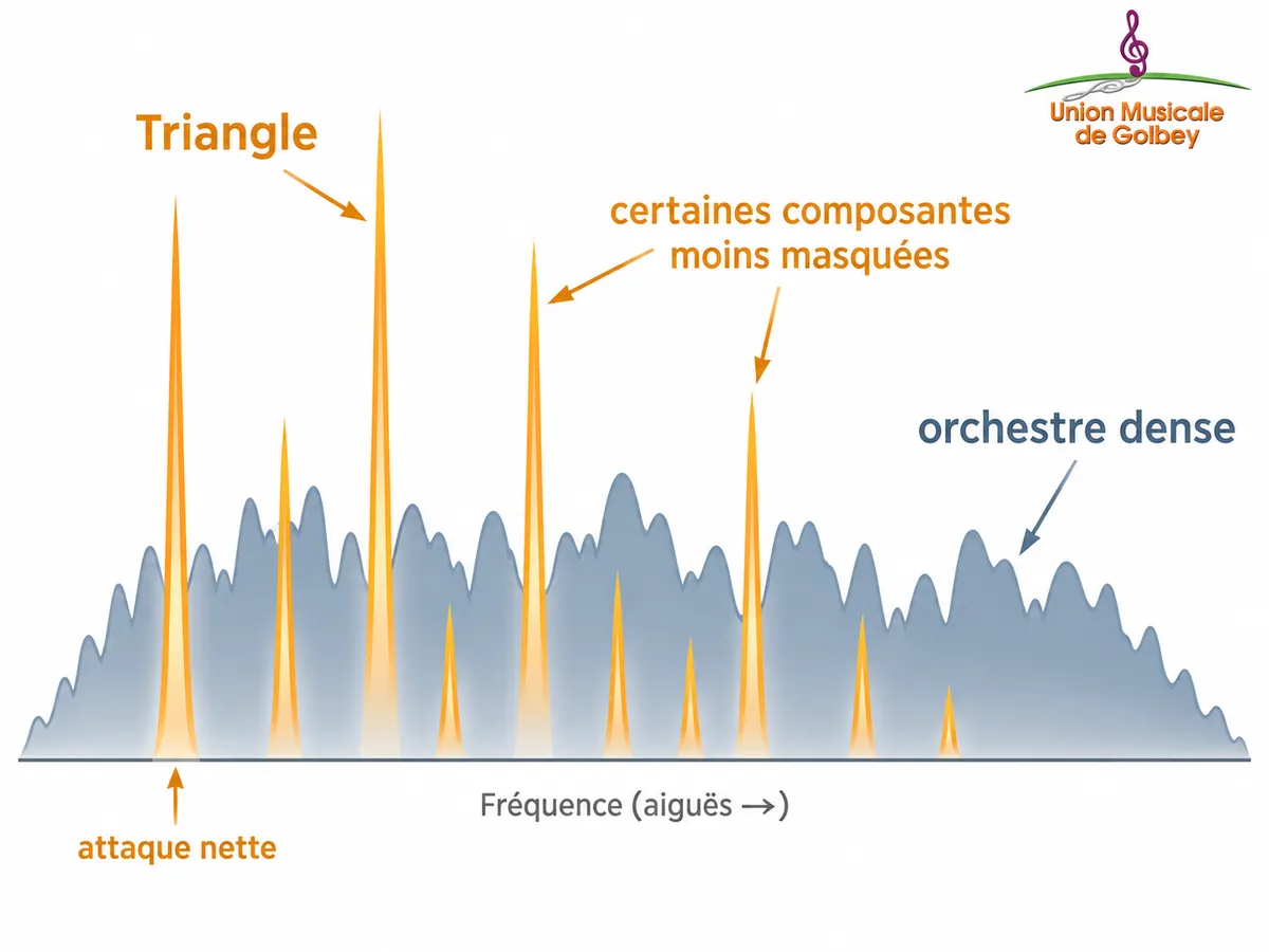 Schéma comparant un spectre orchestral dense et quelques composantes du triangle qui restent perceptibles