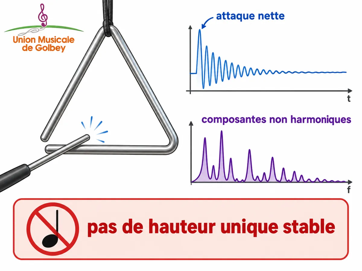 Schéma montrant qu’un triangle frappé produit plusieurs composantes non harmoniques plutôt qu’une note unique